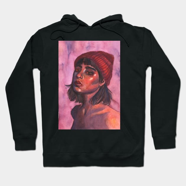 Pink tinted girl with a beanie Hoodie by SosiCreatesArt